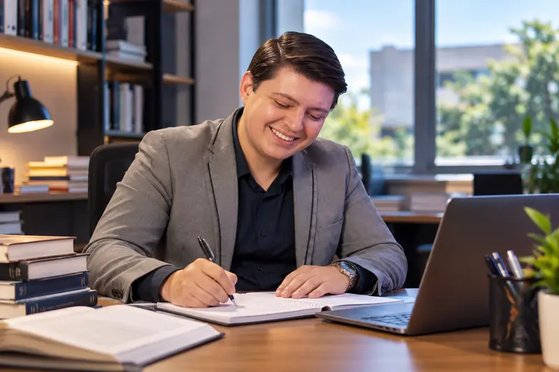 Marcos Costa escrevendo em um caderno à mesa de trabalho, com livros e notebook